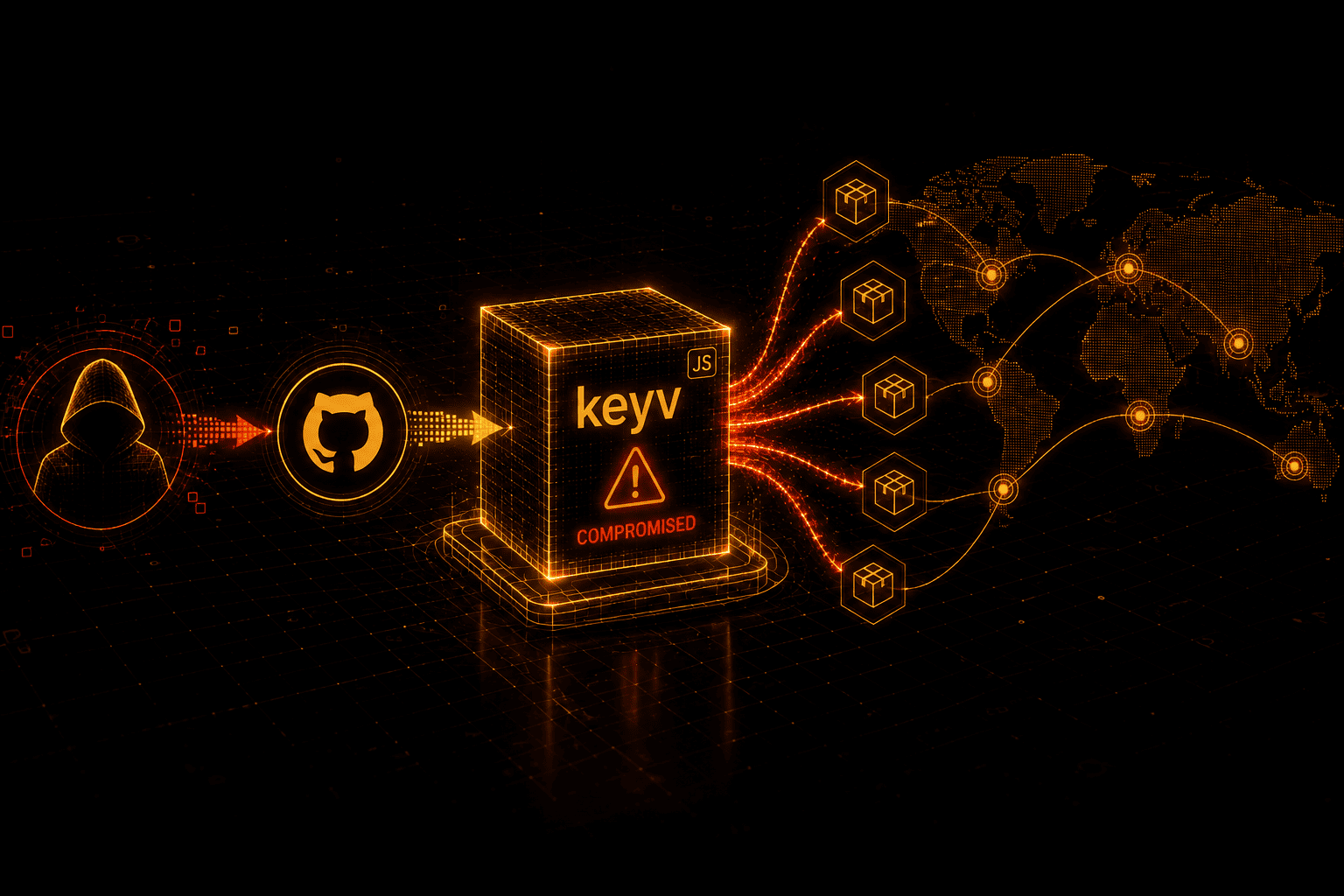 One compromised maintainer account turns keyv into the launch point for a worm spreading across the entire package chain.